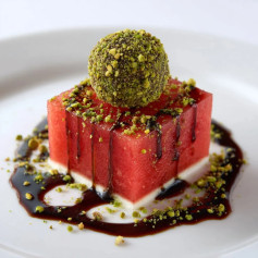 Pistachio-Crusted Cream Cheese Delight on Watermelon