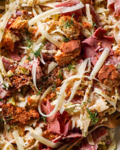 Reuben Pasta Delight with Crunchy Rye Croutons