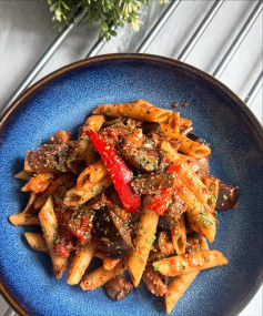 Roasted Aubergine Pasta Delight with Basil and Parmesan