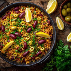 Saffron-Infused Spanish Rice with Vibrant Beans and Olives