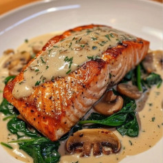 Salmón Dorado con Salsa Cremosa de Champiñones y Espinacas