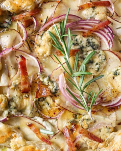 Savory Bacon and Bleu Cheese Potato Tart with Spicy Honey Drizzle