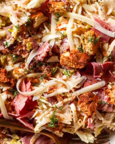 Savory Corned Beef Pasta with Swiss and Rye Croutons
