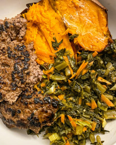 Savory Smash Burgers with Buttery Sweet Potatoes and Garlic Greens