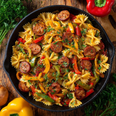Savory Vegan Sausage Farfalle with Roasted Peppers