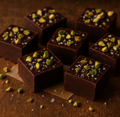 Silky Dark Chocolate Tahini Fudge with Sea Salt & Pistachios