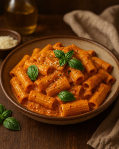 Silky Red Pepper & Goat Cheese Rigatoni Delight