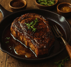Smoky Coffee Crusted Ribeye with Balsamic Butter Drizzle