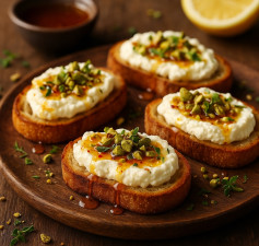 Spicy Honey Ricotta Crostini with Crunchy Pistachios