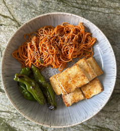 Spicy Korean Noodles with Grilled Peppers and Tofu Delight