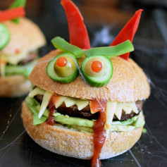 Spooky Monster Burger with Cheesy Smiles and Ketchup Faces