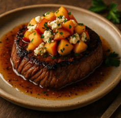 Summery Grilled Steak with Peach Feta Salsa