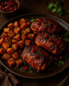 Tangy Pomegranate Chicken with Za’atar Sweet Potatoes Delight