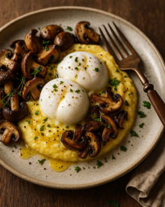 Truffle-Kissed Polenta with Poached Eggs & Sautéed Mushrooms