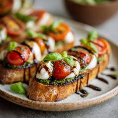 Zesty Vegan Caprese Toast with Pesto and Balsamic Glaze