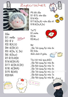 Chart móc len thú bông dễ thương với mũ và tóc chi tiết