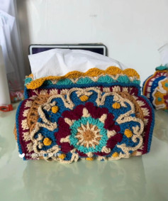 Colorful Crochet Tissue Box Cover with Intricate Floral Patterns