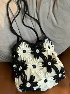 Crochet Bag with Black and White Floral Patterns