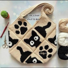 Crochet Cat and Paw Pattern Tote Bag Design