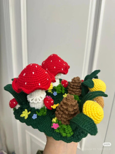 Crochet Forest Scene with Mushrooms and Pine Cones