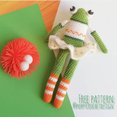 Crochet Frog Doll with Striped Legs and Cute Skirt