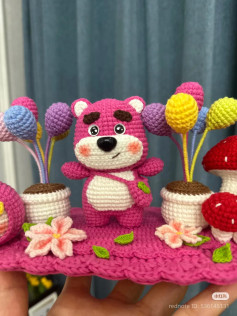 Cute Crochet Bear with Colorful Balloons and Flowers