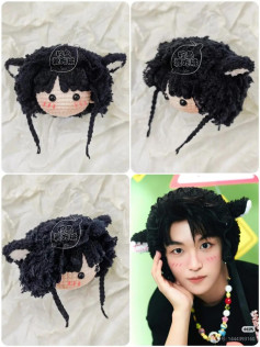Cute Crochet Doll with Black Fluffy Cat Ears Hat
