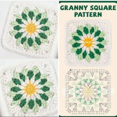 Floral Granny Square Crochet Pattern with Green and White Highlights