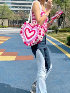 Heart-Shaped Crochet Bag with Pink and White Design