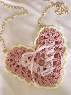 Heart Shaped Lace Crochet Bag with Pink Ribbon and Chain Strap