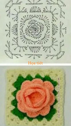 Hướng dẫn chi tiết móc hoa hồng nổi giữa ô vuông đẹp