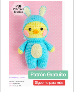Patrón de amigurumi de pollito en traje de conejo azul