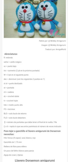 Patrón para tejer un llavero de amigurumi de Doraemon