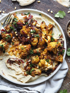 Spiced Cauliflower with Caramelized Onions and Silky Hummus Delight