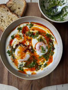 Spicy Turkish Poached Eggs with Harissa Butter and Herb Salsa