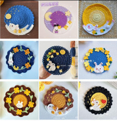 Whimsical Crochet Coasters Featuring Bunnies and Flowers in Various Colors