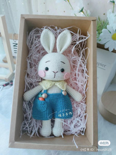 Adorable Crochet Bunny with Blue Overalls and Carrot Accessory