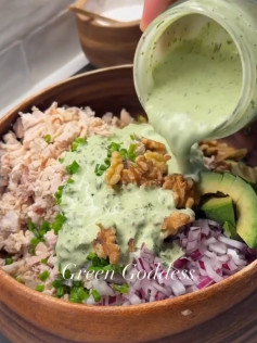 Avocado Caesar Chicken Salad with Walnuts and Green Goddess Dressing