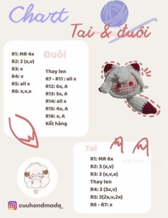 Biểu đồ móc len cho tai và đuôi thú nhồi bông dễ thương