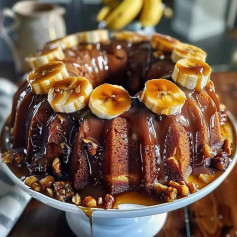 Caramel Banana Bliss Bundt Cake with Pecan Crunch