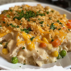 Cheesy Chicken Casserole with Crunchy Topping Delight