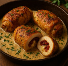 Cheesy Sun-Dried Tomato Chicken Rolls in Creamy Herb Sauce