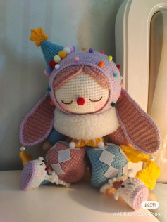 Colorful Crochet Clown Doll with Long Ears and Star Hat