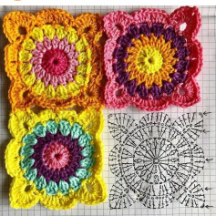 Colorful Crochet Squares with Detailed Pattern Chart