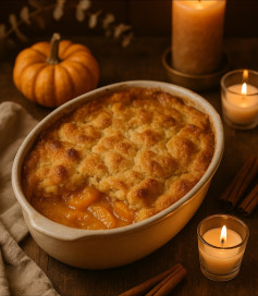 Cozy Autumn Peach Cobbler with Cinnamon and Candlelight Ambiance