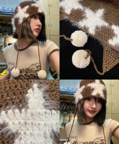 Cozy Star Pattern Crochet Hat with Fluffy Pom-Poms