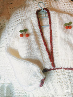 Cozy White Crochet Cardigan with Cherry Embellishments