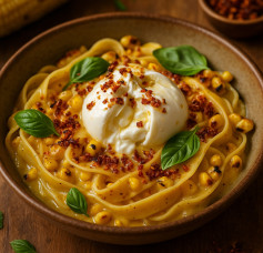 Creamy Miso Corn Tagliatelle with Burrata & Chili Crunch