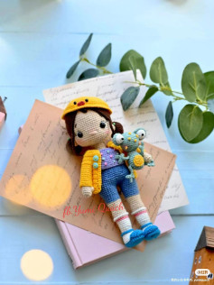Crochet Doll with Yellow Hat and Frog Companion Pattern