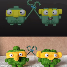 Crochet Green Characters with Yellow Masks and Decorative Scissors